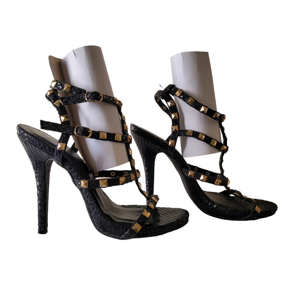 Wild Diva Black Snakeskin Print With Goldtone Studs Stiletto Heels Size 8.5